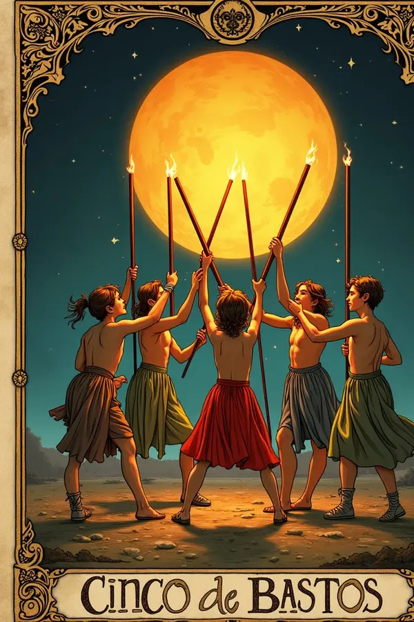 Carta del tarot Cinco de Bastos