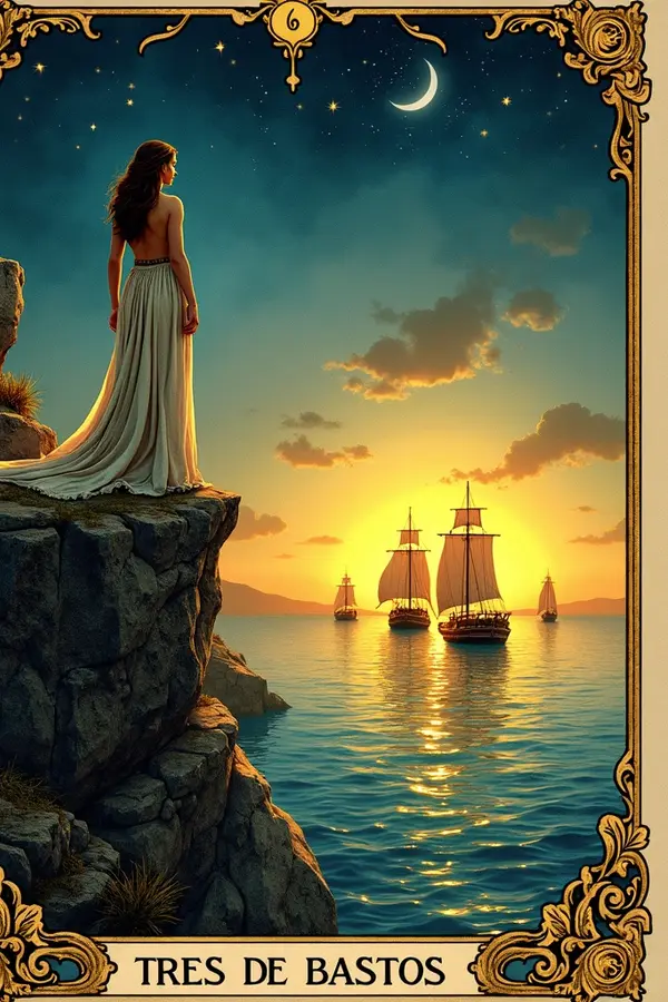 Carta del tarot Tres de Bastos